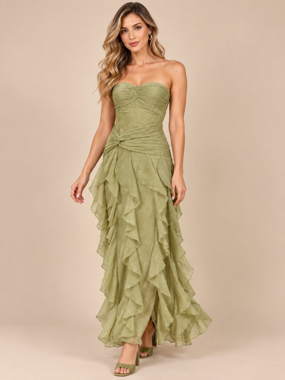 Olive Strapless Ruffle Detail Ruched Maxi Dress